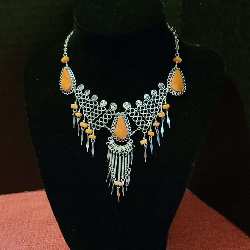 Bohemian Silver and Orange Statement Necklace